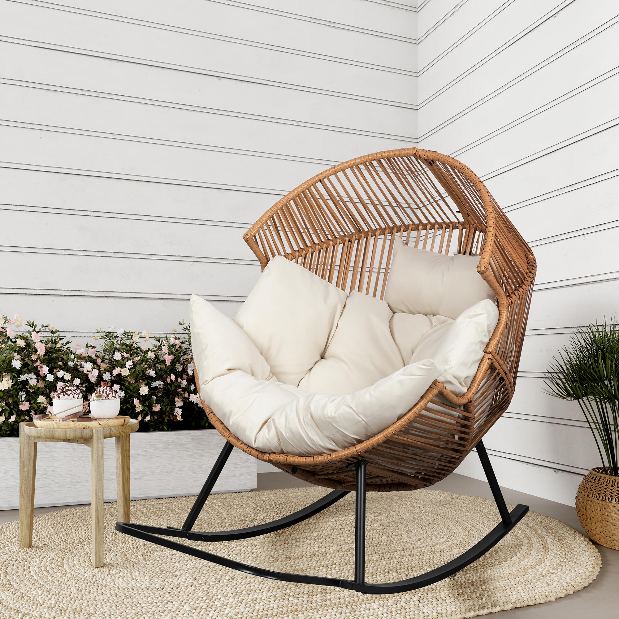 Photo 1 of Shintenchi Wicker Egg Chair,Oversized Outdoor Indoor Rocking Chair,Large PE Rattan Rocking Chair with Cushion for Patio, Balcony, Backyard, Garden, Beige