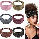 6 Pcs Boho Bling Sequin Headbands - Wide Stretchy African Head Wraps, Elastic Turban Headbands for Women, Yoga, Running & Sports