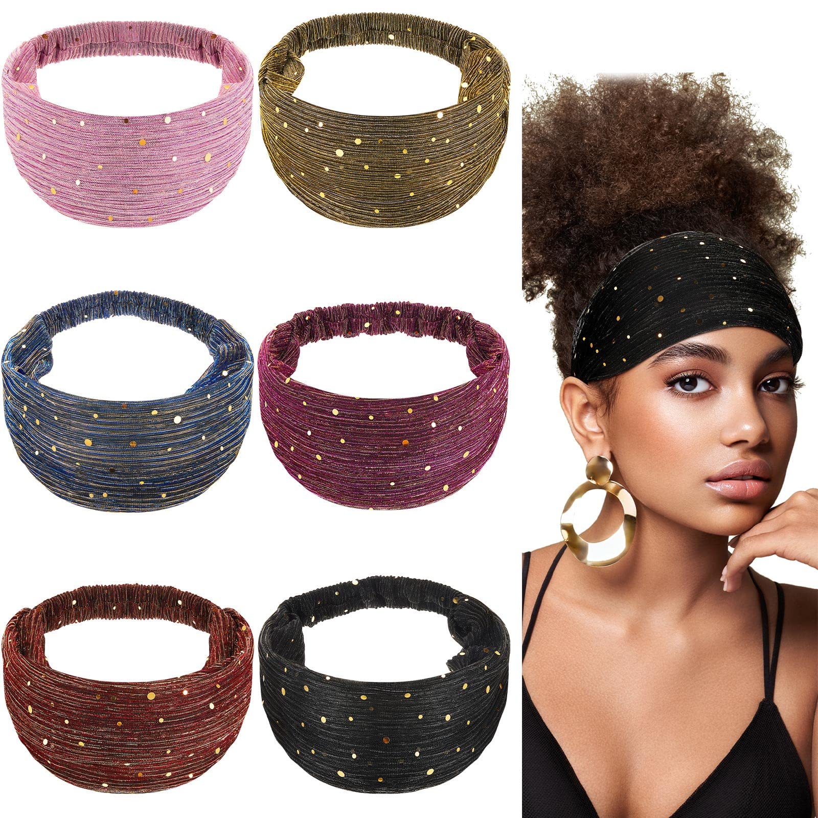 Photo 1 of 6 Pcs Boho Bling Sequin Headbands - Wide Stretchy African Head Wraps, Elastic Turban Headbands for Women, Yoga, Running & Sports