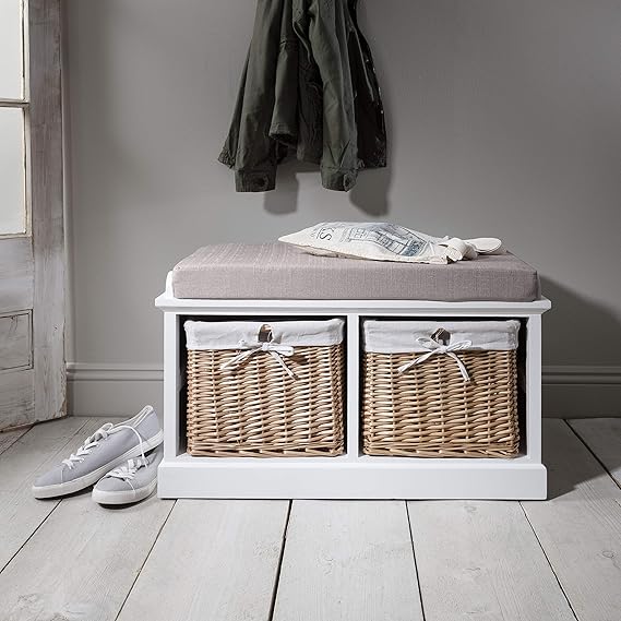 Laura James White Storage Bench with Cushion. Hallway Shoe Cabinet with