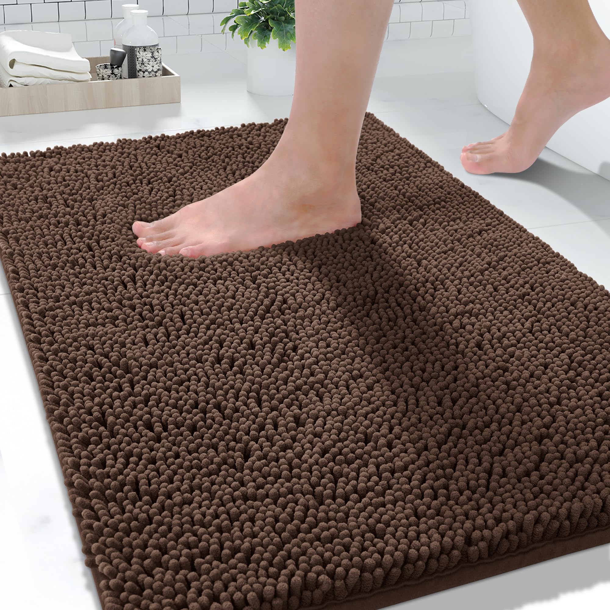 Photo 1 of Yimobra Large Bathroom Rugs 36"x24", Non Slip Bath Mat for Tub, Shaggy Rug Floor Carpet, Extra Soft Super Absorbent Quick Dry, Machine Washable,Brown