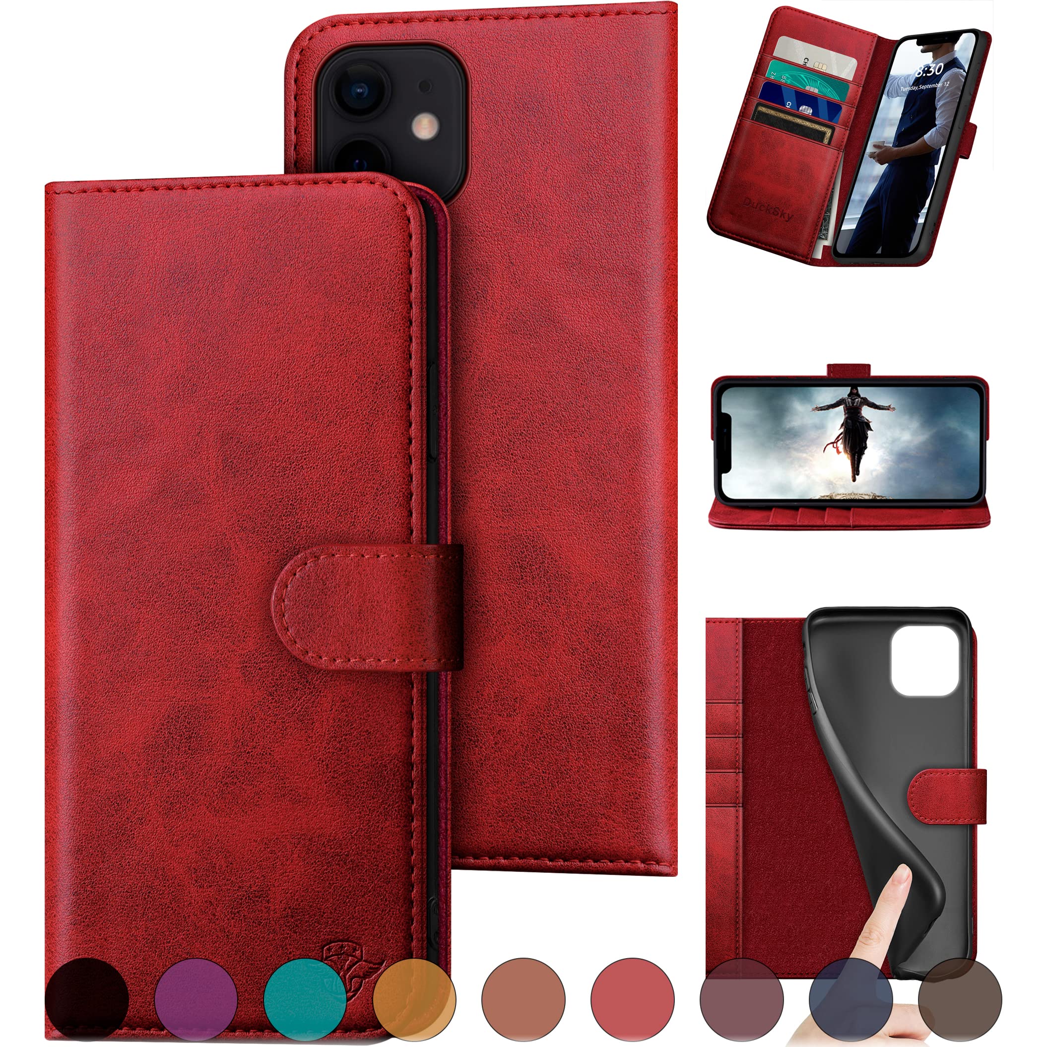Photo 1 of DuckSky for iPhone 11 Genuine Leather Wallet case ?RFID Blocking??4 Credit Card Holder??Real Leather? Flip Folio Book Phone case Protective Cover Women Men for iPhone 11 case Red
