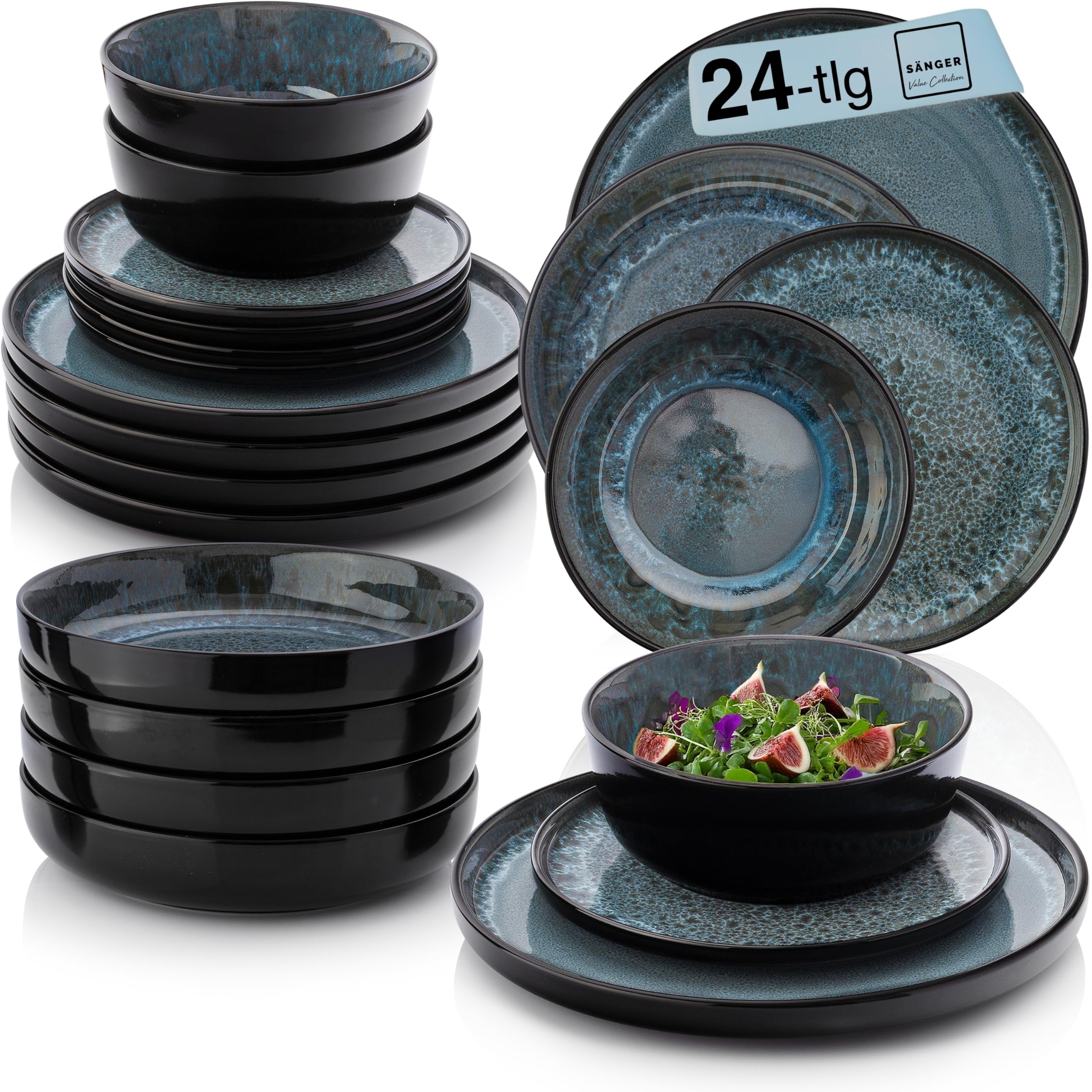 SÄNGER Manila | Tafelservice 24 teilig, Steingut Geschirr Set 6 Personen, 6x Teller Set 6x Frühstücksteller 6x Tiefe Teller 6x Pastaschalen blau mit schwarzem Rand | VALUE COLLECTION
