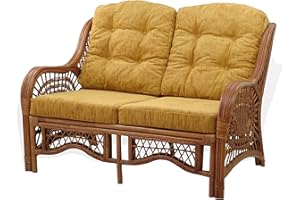 SunBear Furniture Lounge Malibu Loveseat Sofa ECO Natural Rattan Wicker Handmade Design with Light Brown Cushions, Cognac
