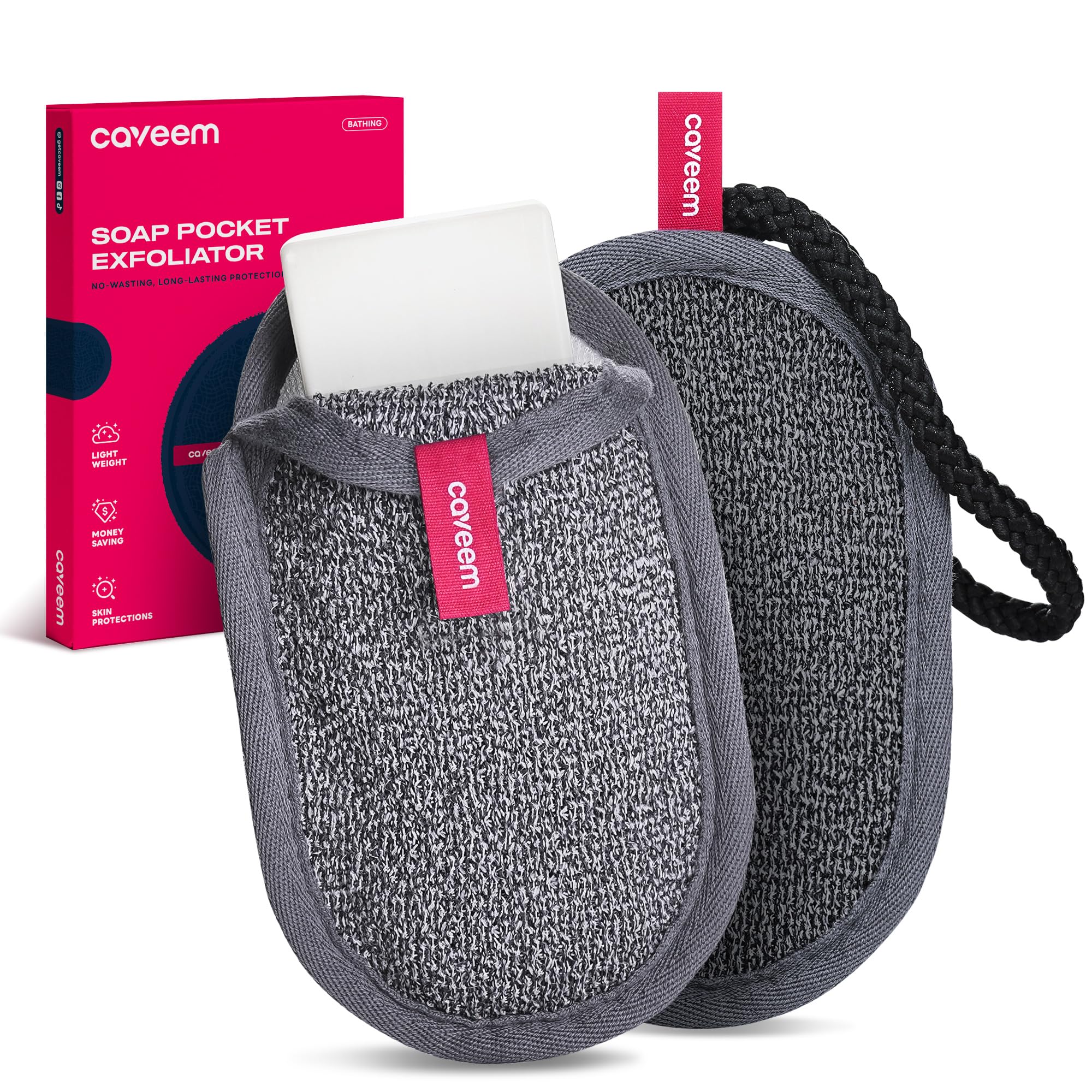 Seifenspender-Tasche mit Rauer & Sanfter Peeling-Oberfläche, Netzbeutel für Seifenstücke zur Körperreinigung, Waschbeutel mit Griff für Dusche und Bad (2er Pack)