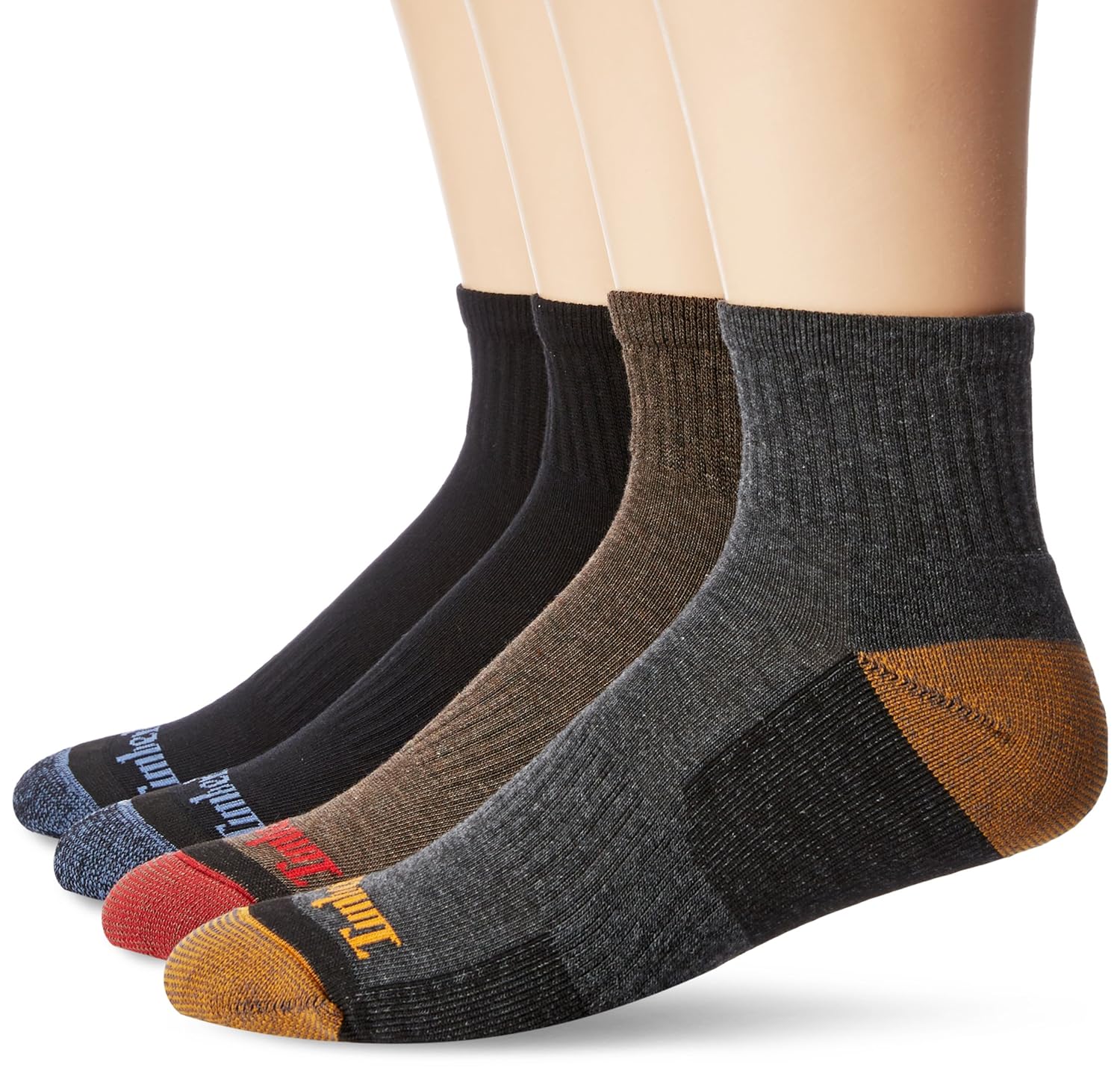 Timberland Men's 4 Pack Comfort Low Quarter Sock, Black/Blue/Brown