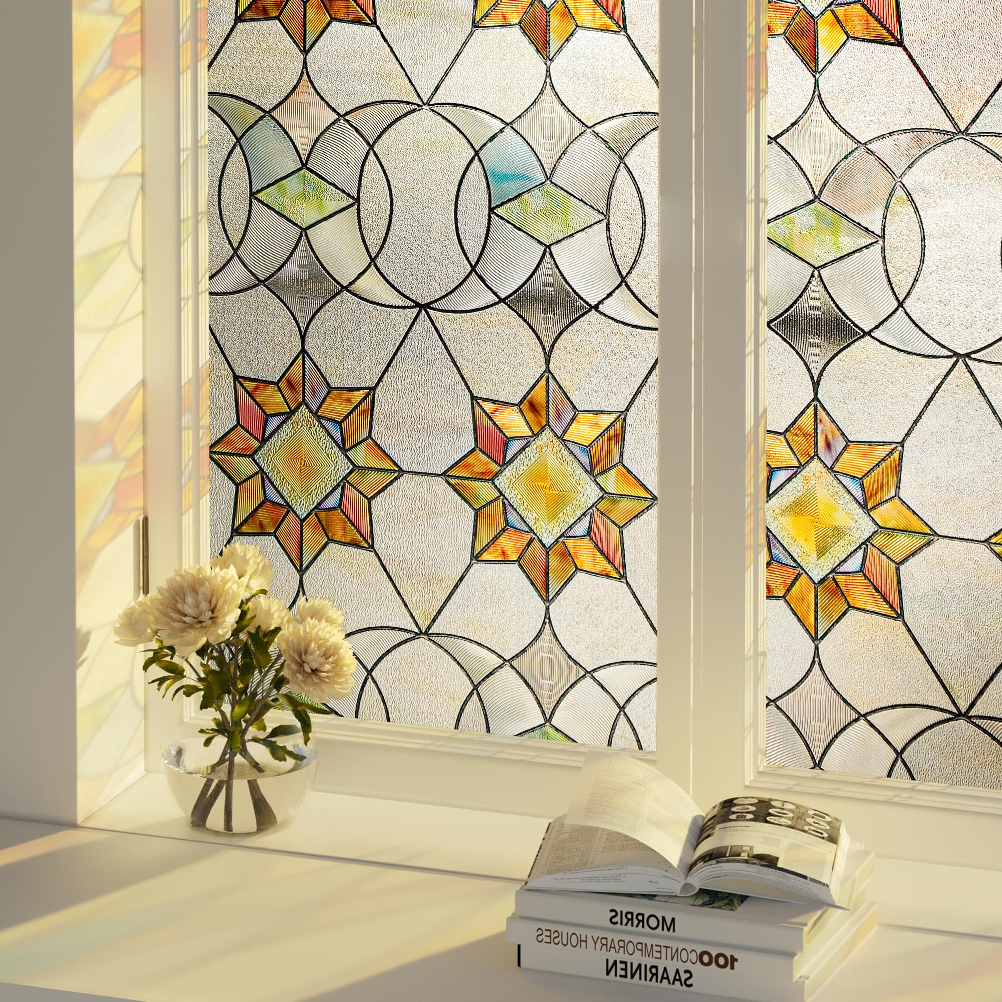 Photo 1 of Oxdigi 3D Stained Glass Window Film - Static Cling Privacy Protection & UV Blocking, Floral Geometry Pattern 23.6x35.4 (No Residue, Reusable)