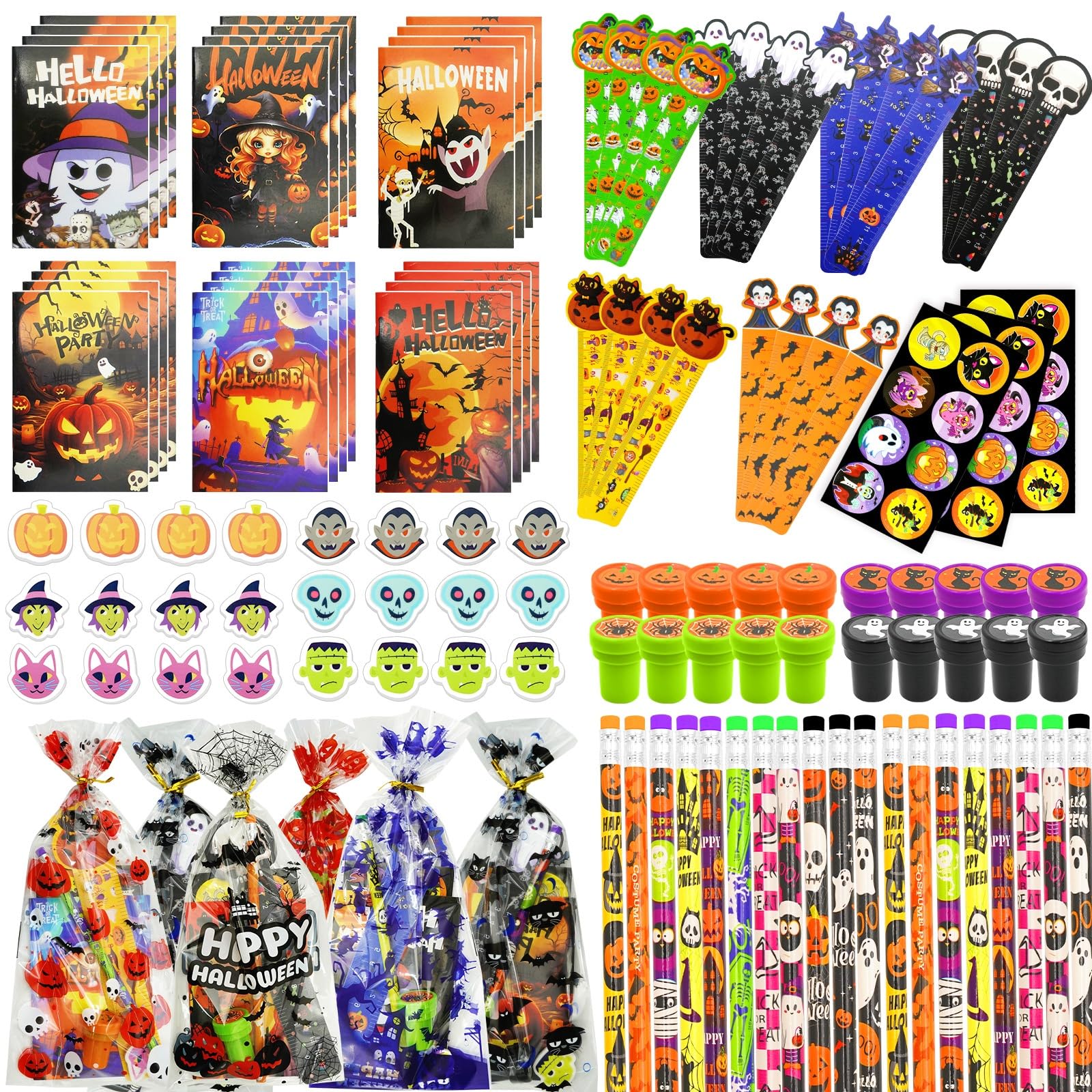 View 1 of 168 PCS Halloween Party Favors for Kids, 24 Pack Halloween Stationery Set for Halloween Party School Classroom Prizes Goodie BagsTrick or Treats Gifts
