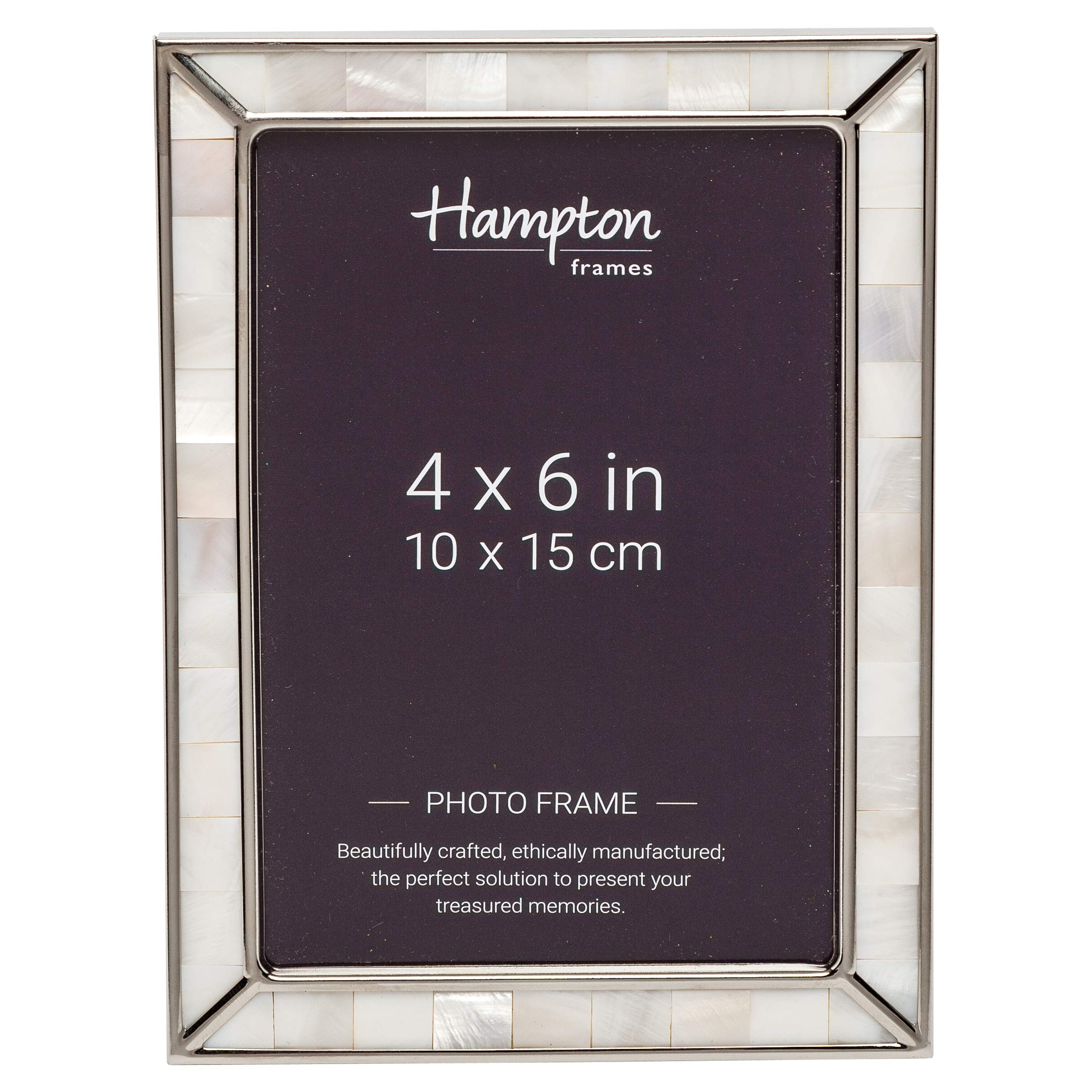 Hampton Frames | Photo Picture Frame | 4x6 (10x15cm), Silver, Rectangular, Mother of Pearl Detail | Raised Silver Edge, Grey Velvet Back, Freestanding | Display for Photos