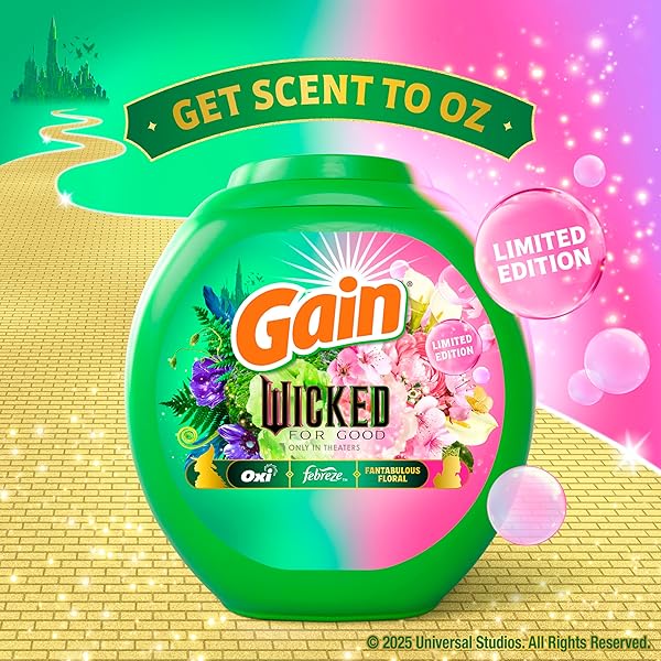 GAIN FLINGS! “WICKED: FOR GOOD” LIMITED EDITION LAUNDRY DETERGENT PACS, 42 COUNT, FANTABULOUS FLORAL SCENT, 3 IN 1 HE DETERGENT PACS WITH OXI BOOST AND FEBREEZE