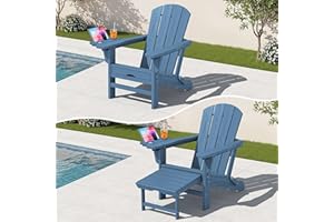 KINGYES Adjustable Folding Adirondack Chair with Footrest & 4-in-1 Multi-Functional Armrest Organizer, HDPE Foldable Recliner Adirondack Chair with Pull-Out Ottoman, Blue
