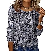 Zeagoo 3/4 Length Sleeve Womens Tops Round Neck Casual Summer Tunic Tops Basic Tees Blouses Dressy T-Shirts Pleated Shirts