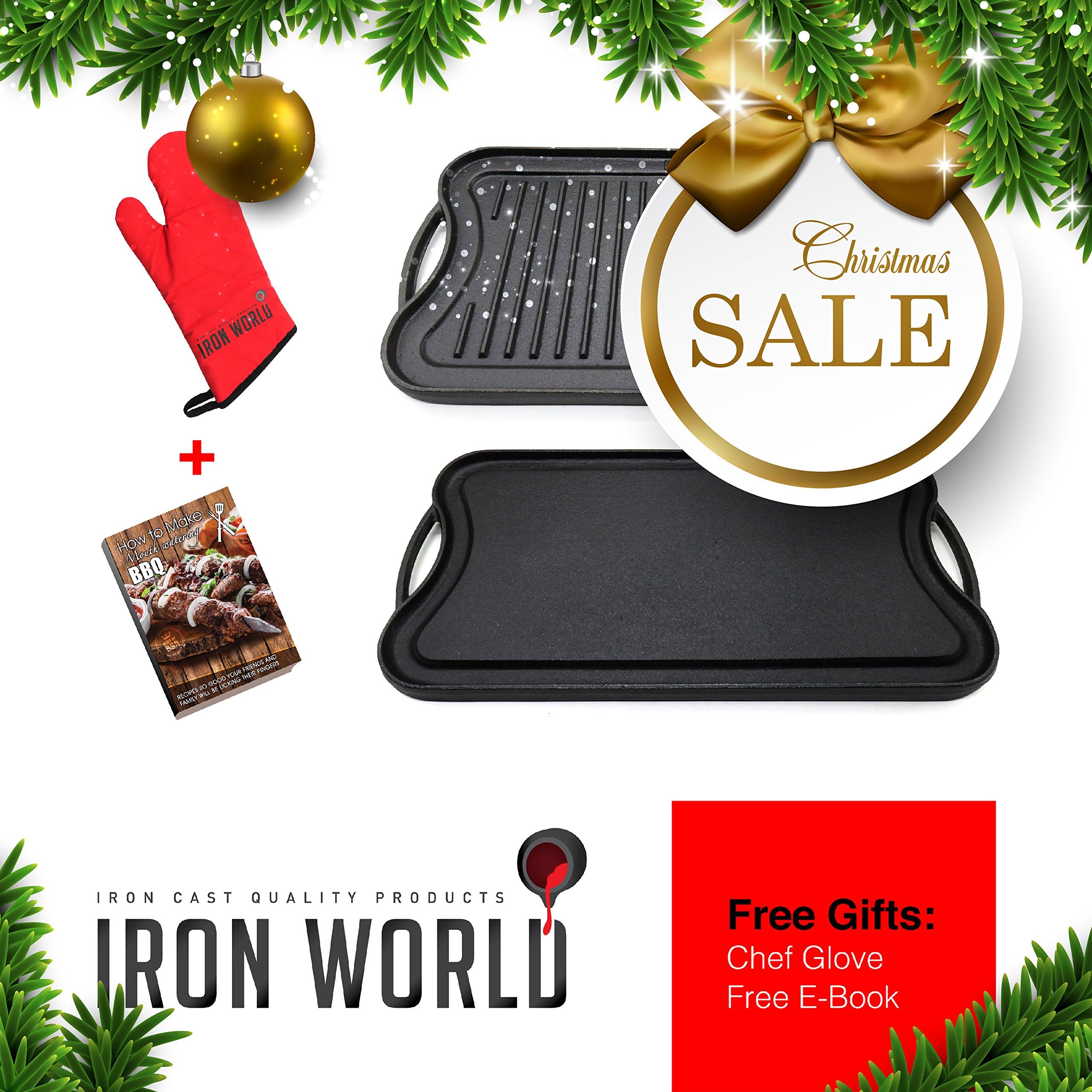 Iron World Cast Iron Griddle Grill Pan - Reversible Nonstick for Gas Stove Stovetop Burner Cooktop Electric Induction Outdoor Grilling and Bbq. Seasoned Double Sided Large 20/10 Inch Griddles