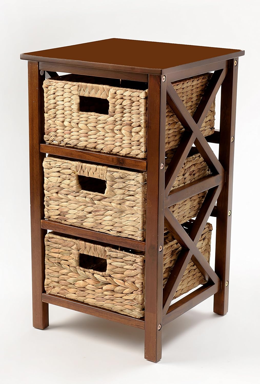 eHemco 3 Tier X-Side End Table/Storage Cabinet with 3 Baskets (Walnut)