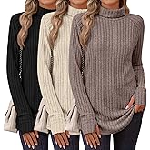 Ficerd 3 Pack Women's Turtleneck Long Sleeve Tunic Sweater Thumbhole, Ribbed Raglan Curved Hem Knit Shirts Loose Fall Winter