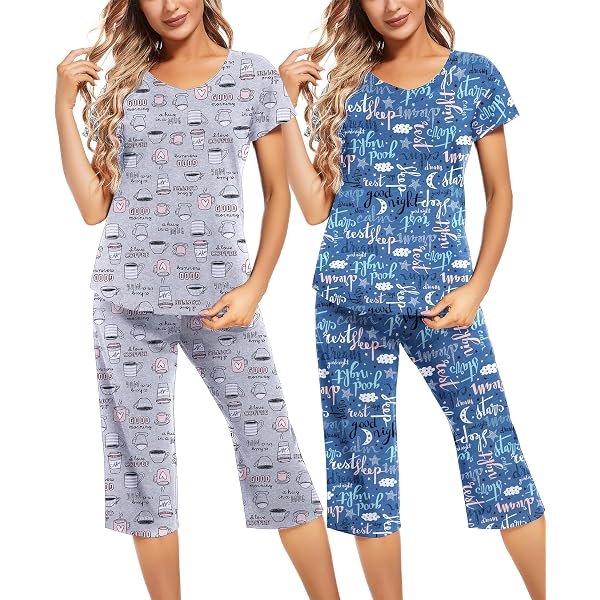 ENJOYNIGHT Women's Pajama Set – Short Sleeve Top & Capri Pants In Grey Star+Leopard Print, XX-Large