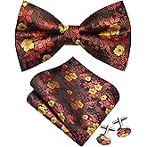 GUSLESON Mens Floral Bow Tie Handkerchief Jacquard Woven Adjustable Pre-Tied Bowties Pocket Square Cufflinks Set