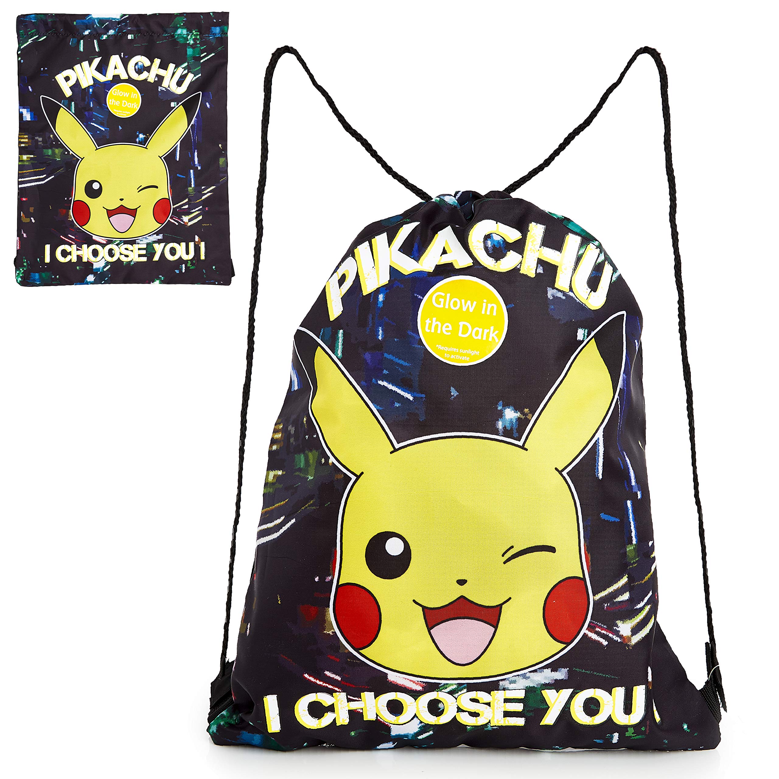 Pokemon Drawstring Bag, PE Gym Bag, Swimming and Sport Sack, Glow in the Dark Bag featuring Pikachu, Lightweight Black String Sack for Kids and Adults, Pokemon Gifts