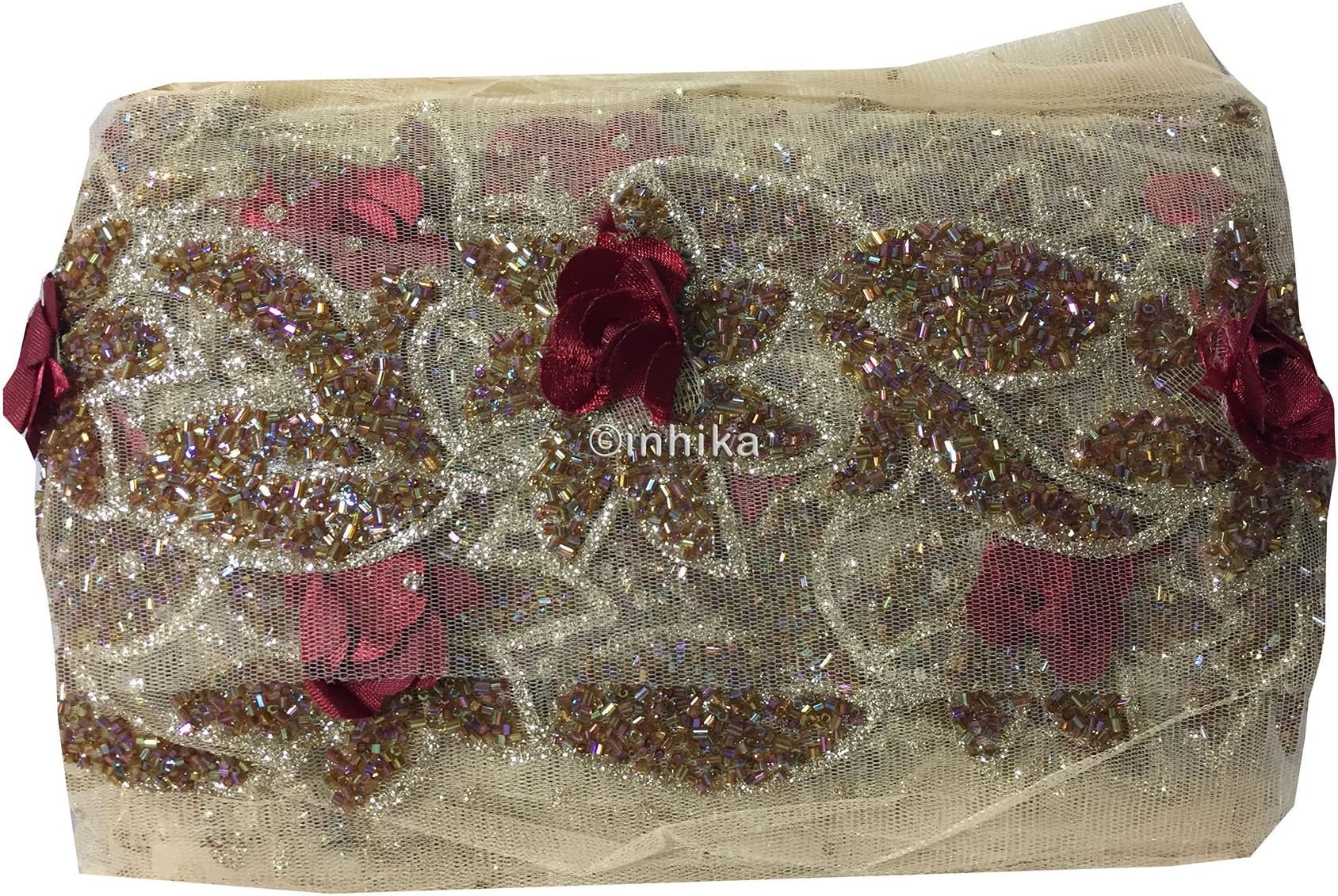 Inhika 9 Yard lace Border Trim for Women Saree Dupatta Maroon Colour Multicolour Embroidery, Net, Mesh, Tulle Material Wide at 10 cm Wide