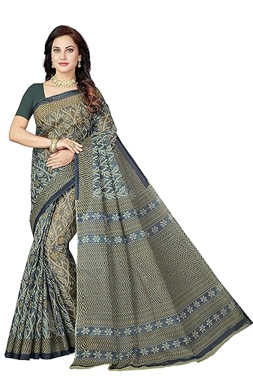 Womens Pure Cotton Printed Saree with Blouse Piece (SSKR5049_Silver)