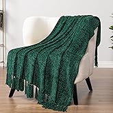 PAVILIA Emerald Green Chenille Throw Blanket for Couch Sofa, Soft Green Knit Throw with Tassel, Decorative Blanket for Bed Chair Living Room, Emerald Green 50x60