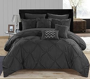Chic Home Hannah 8 Piece Pinch Ruffled and Pleated Complete Bed, Twin - Comforter, Black