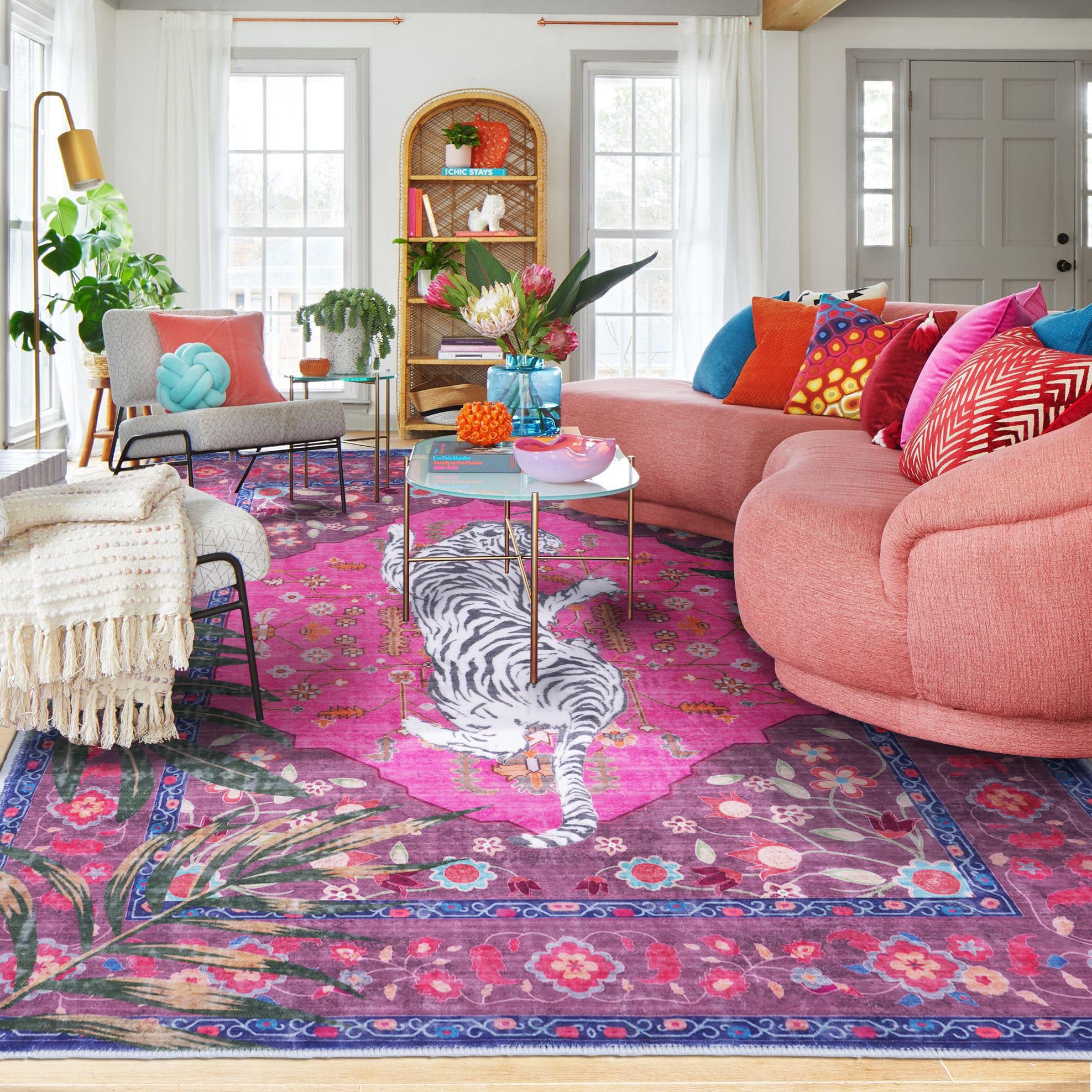 Photo 1 of (GREY) Pink Cheetah Rug 10x8 FT Vintage Tropical Jungle Animal Rug Aesthetic Pink Rugs for Girls Room Living Room Bedroom Home Office Thin Bright Magenta Carpet GREY