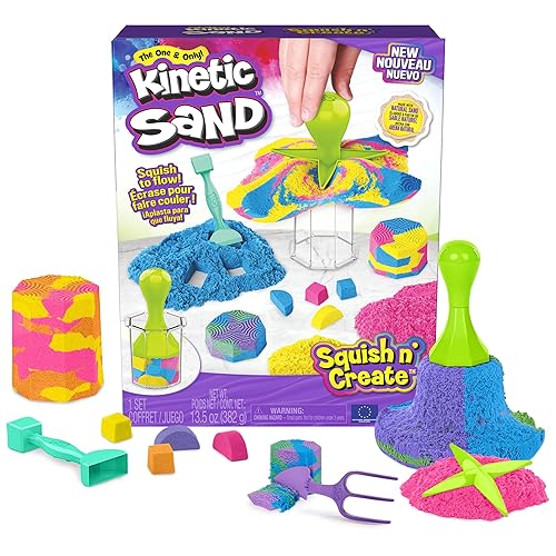 Kinetic Sand, Squish N’ Create Playset with 13.5oz Blue, Yellow & Pink Play Sand, 5 Tools, Sensory Toys for Kids Ages 3 and up