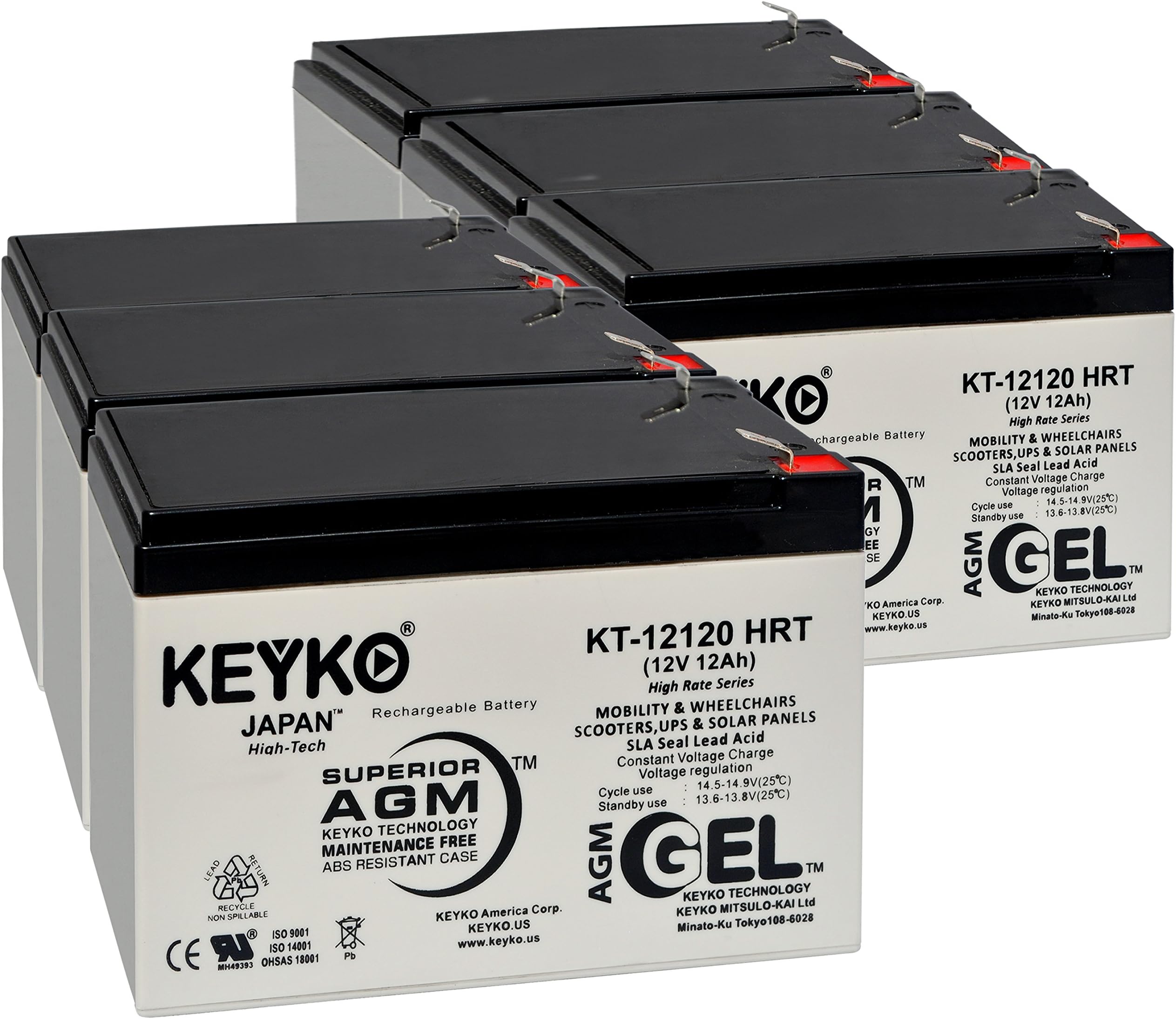Battery 12V 12Ah - Fresh & Real 14.0 Amp - Gel Deep Cycle AGM/SLA Designed for Generic Use - Genuine KEYKO KT-12120 HRT - F2 Terminal - 6 Pack