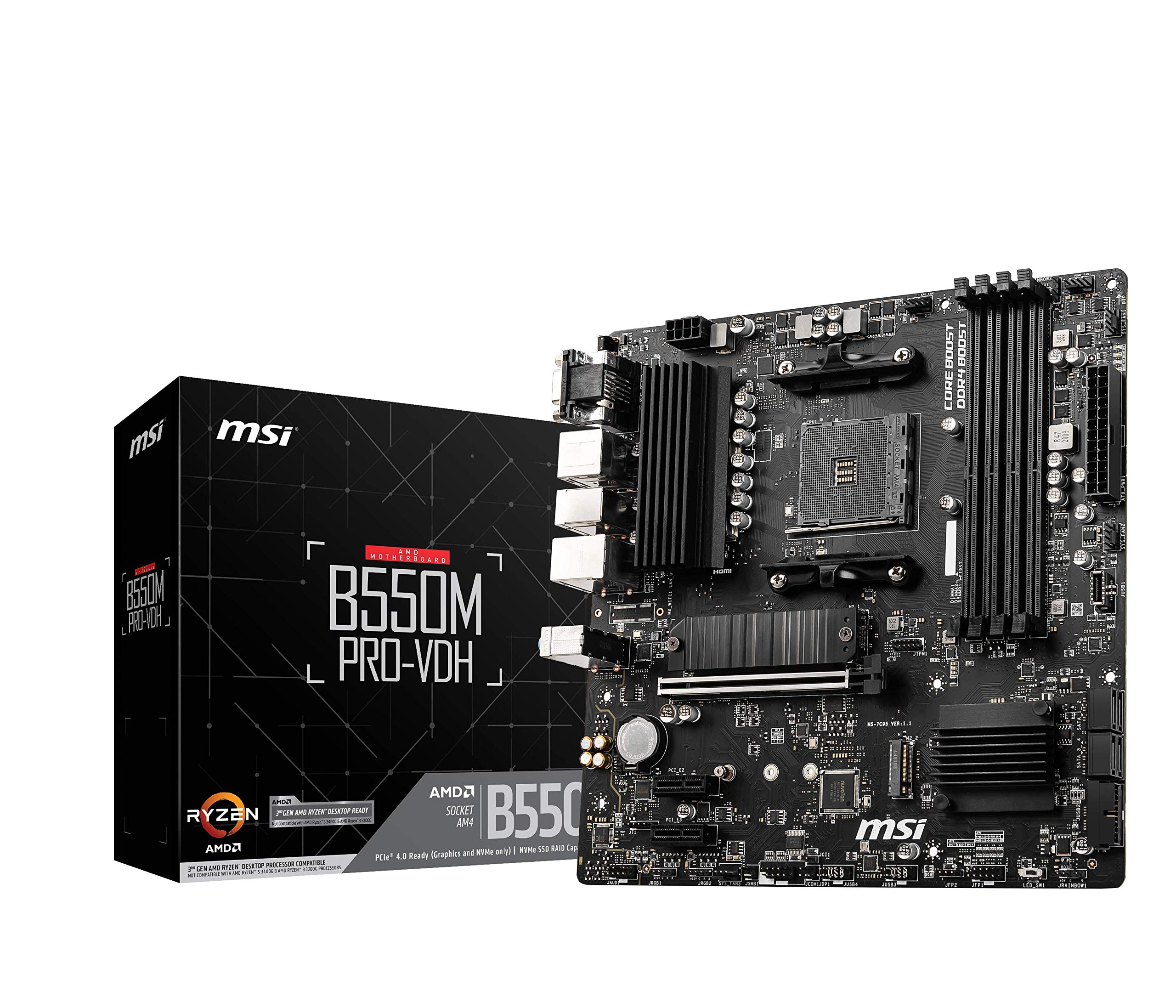 MSI B550M PRO-VDH Motherboard M-ATX - Supports AMD Ryzen 3rd Gen Processors, AM4, DDR4 Boost (4400MHz/OC), 1 x PCIe 4.0/3.0 x16, 1 x M.2 Gen4 x4, 1 x M.2 Gen3 x4, Gigabit LAN