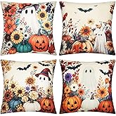 Weysat Halloween Horror Throw Pillow Covers 18 x 18 Inch Set of 4 Halloween Pillow Case Wildflower Pumpkins Ghost Bat Pattern Seasonal Decorative Horror Cushion Case Decoration for Home Sofa Couch Bed