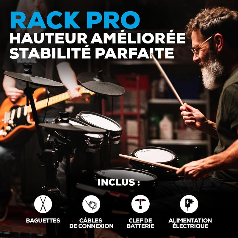 Nitro Pro batterie électronique avec pads double zone silencieux, plus de 500 sons BFD, Bluetooth, Drumeo, MIDI USB, compatible double pédale