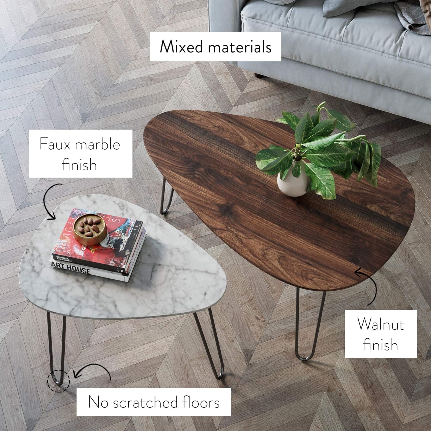 Nathan James Bodhi Mid-Century Nesting Coffee Table Set of 2, Stacking Side or End for Living Room with Faux Carrara Marble, Wood Finish and Black Metal Legs, White/Walnut: Furniture & Decor