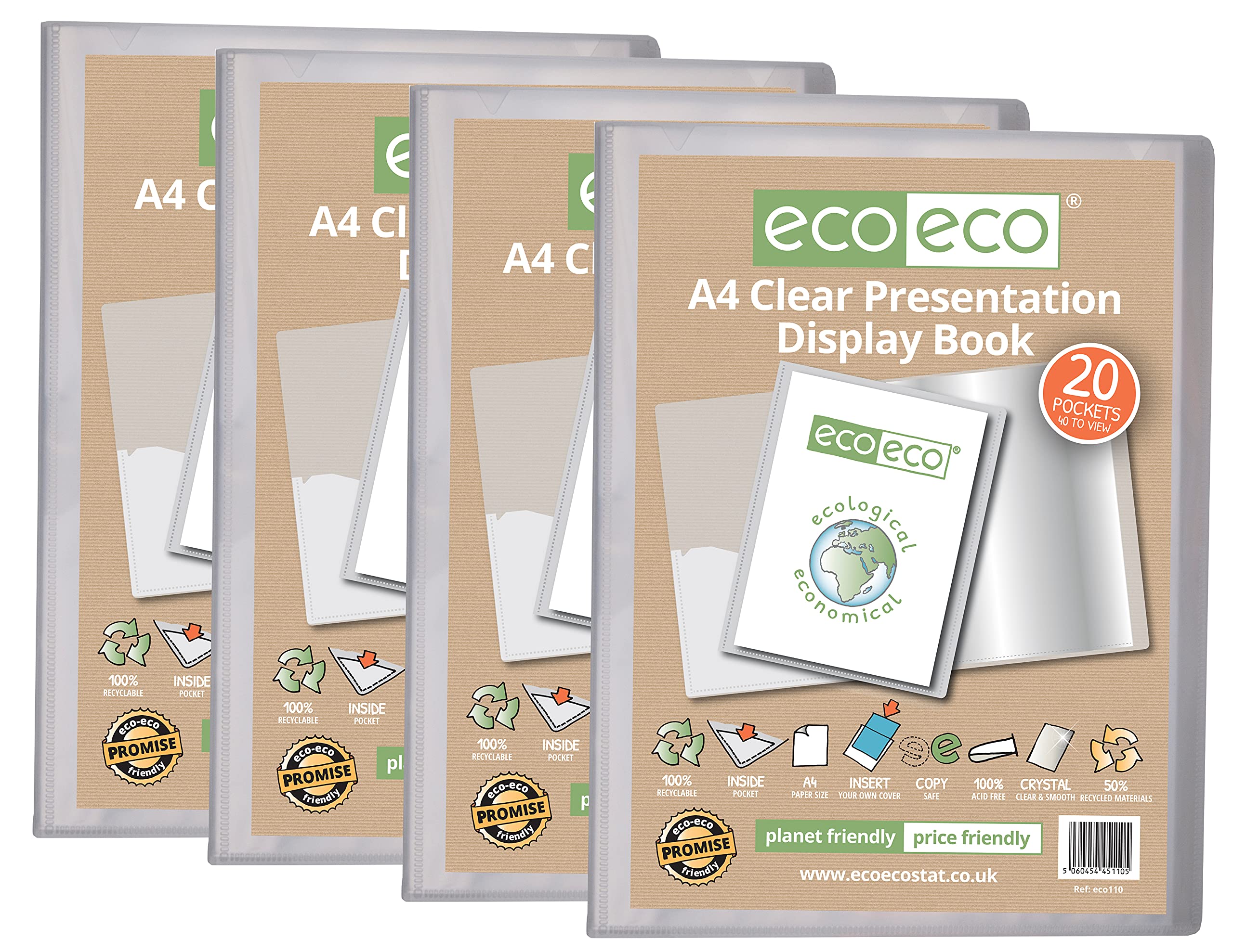 eco-eco A4 Size 50% Recycled 20 Pocket Clear Presentation Display Book, Storage Case Portfolio Art Folder with Plastic Sleeves, (Pack of 4) eco110x4