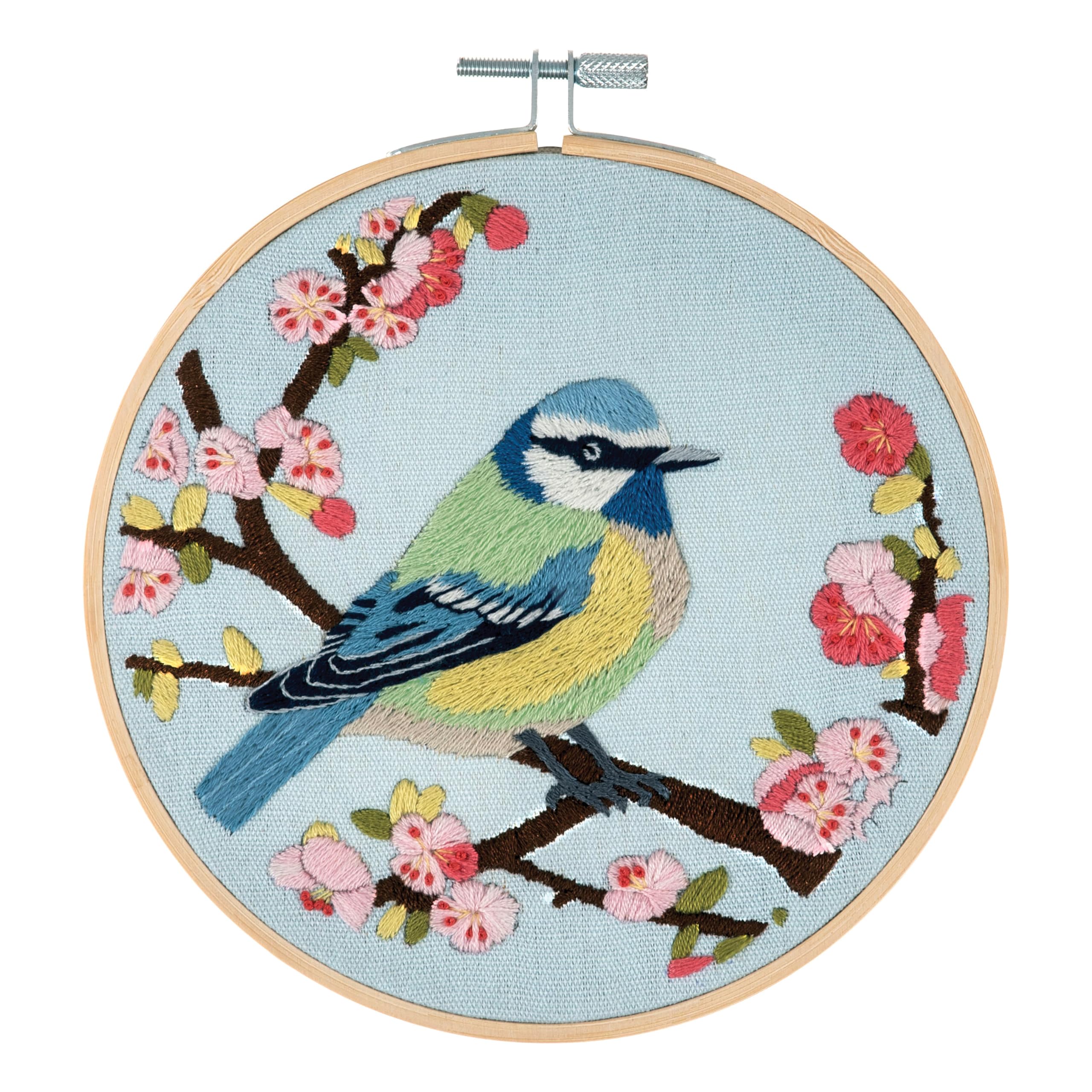 Trimits Embroidery Hoop Kits - 15cm 6” Beginner Starter Set, Includes Bamboo Hoop Threads Cloth Needle Backing & Instructions, Bird Blossom — image 1