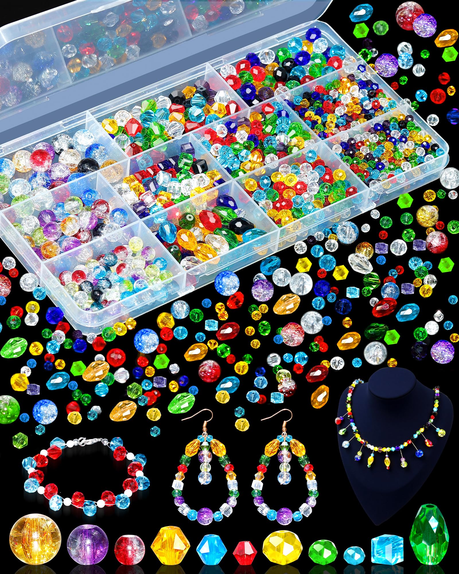 Photo 1 of 1076PCS FIVEIZERO Crystal Glass Beads for Jewelry Making, Assorted Rainbow Crackle, Faceted, Bicone and Teardrop Beads for Bracelets, Suncatchers and DIY Crafts