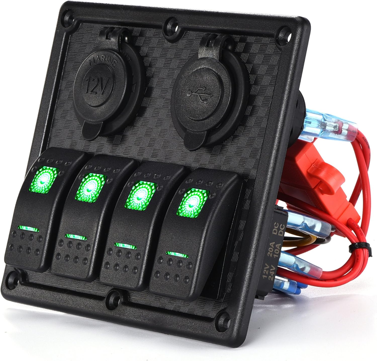 MKING 4 Gang / 6 Gang Car Marine Boat Circuit RV LED Toggle Rocker Switch Panel Breaker Voltmeter with Fuse Double USB for RV Car Boat Blue/Red/Green Light : Sports & Outdoors