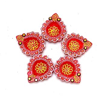 Handmade Traditional | Clay Diya | Terracotta Diya | Colorful Diya | Deepak | Hand Painted Diya for All Kind of Festivals | Diwali | Navratri | Clay Mitti Diya | Set of 5 | Red | 8 cm