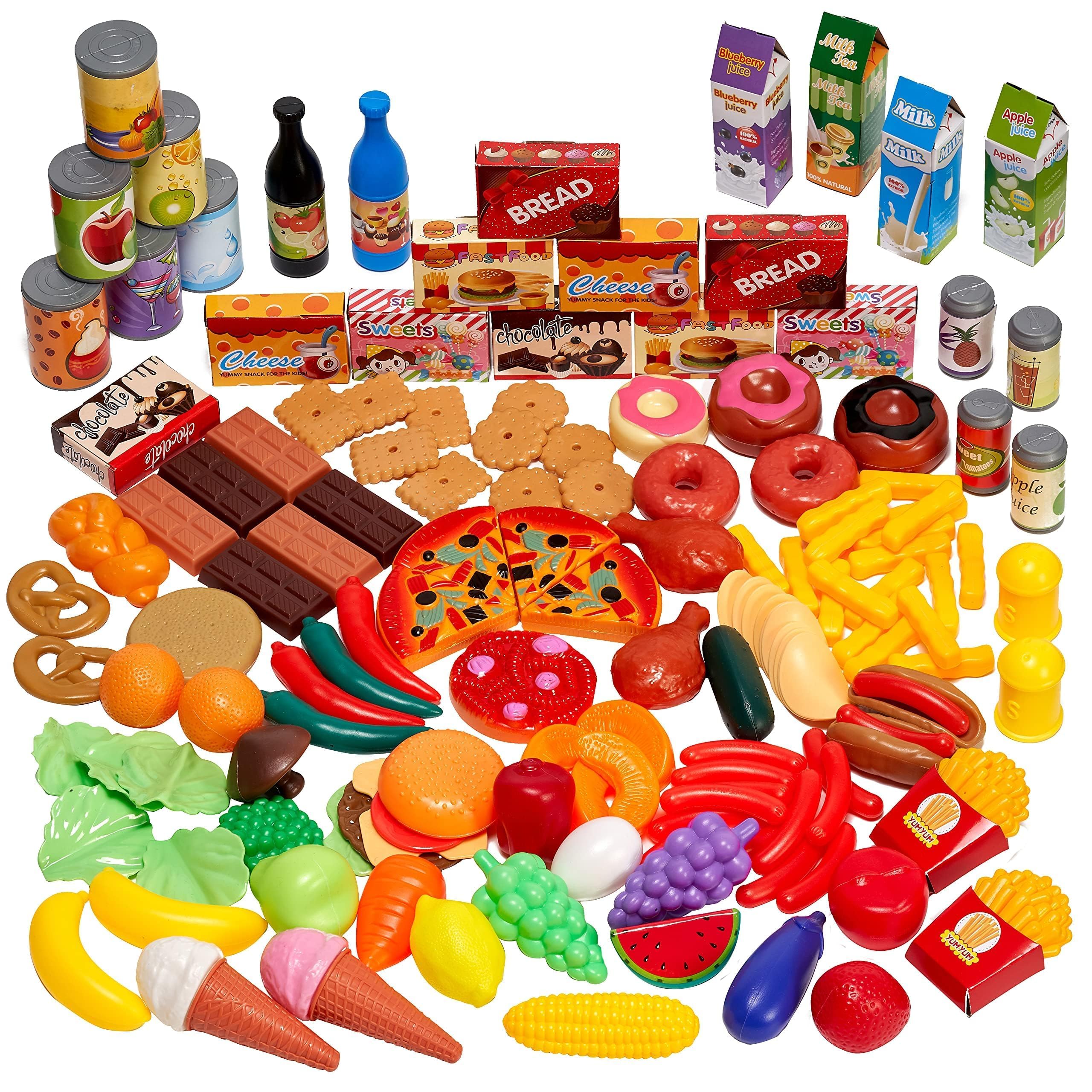 THE TWIDDLERS 150-Piece Play Food Set for Kids Kitchen - Plastic Toy Food Accessories with Pretend Fruits and Vegetables - Fake Food for Children’s Role Play Toy Shop, Age 3+