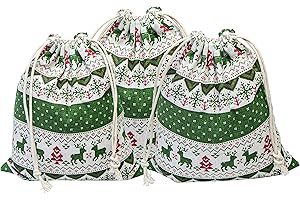 3 Packs Christmas Drawstring Burlap Bag, Santa Sack Linen Gift Wrap Bags for Packing Craft Gift Candy (Green Elk, XL-11'' X 1
