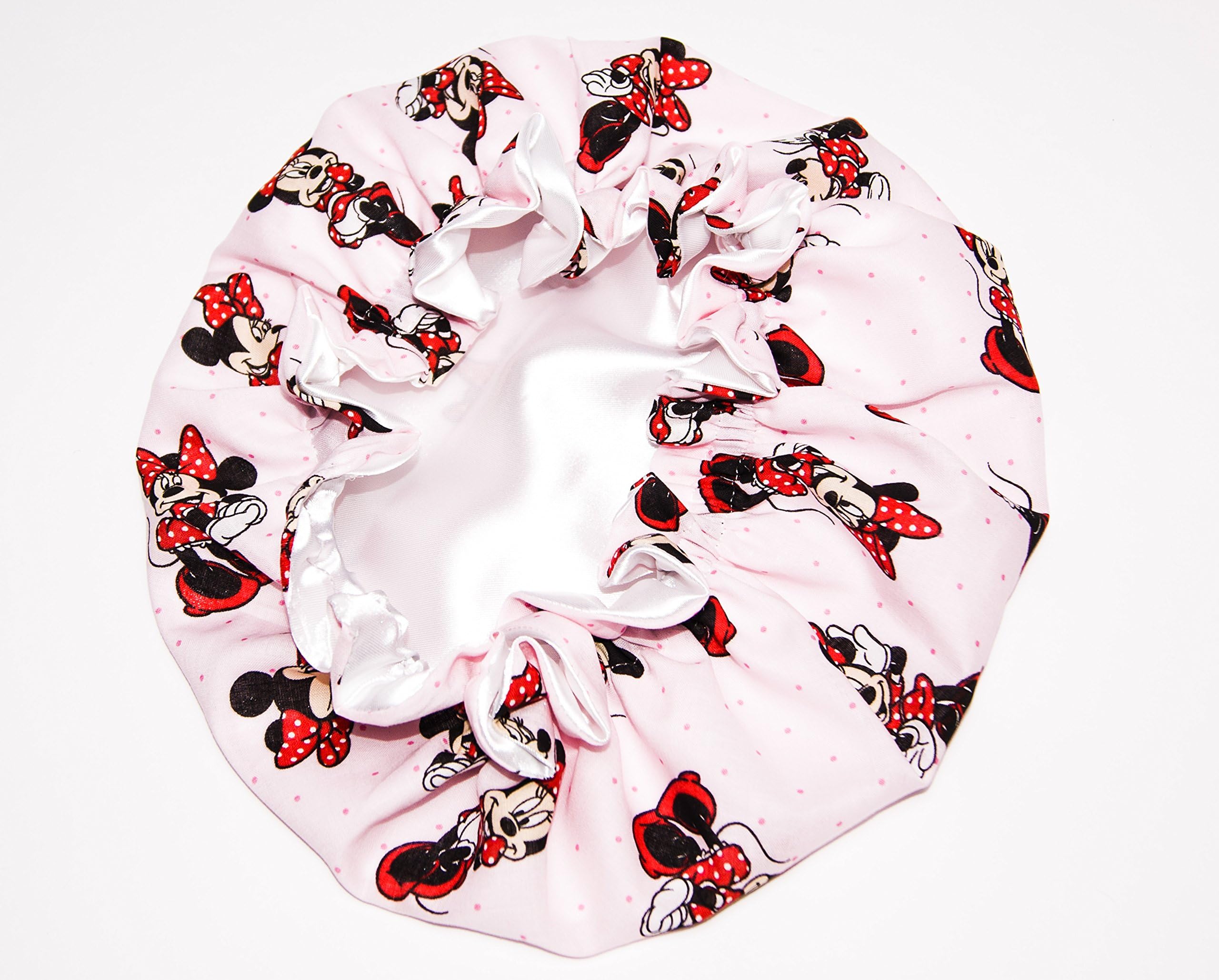 HANDCRAFTED WHITE Reversible Kids and toddlers SATIN BONNETs are lined with DISNEY MINNIE MOUSE Fabric (MADE IN USA) (KIDS MINNIE MOUSE, WHITE)