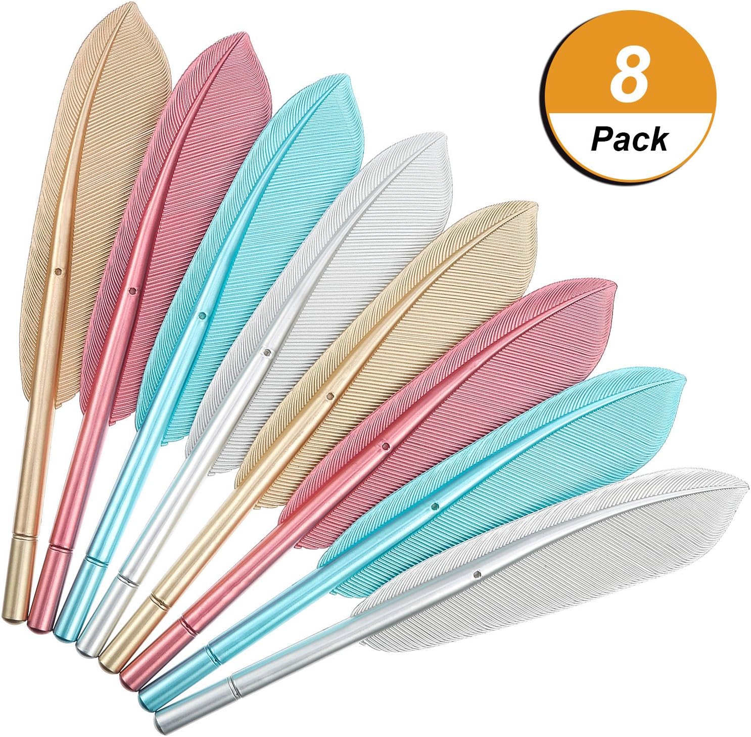 Frienda 8 Pieces Feather Pens Rollerball Pen Artificial Wing Feather Ballpoint Ink Pens Gel Pens Creative Office Supplies