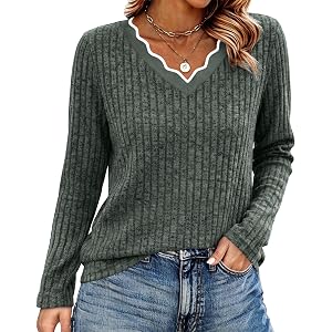 WIHOLL Long Sleeve Womens Shirts Lightweight Fall Tunic Top V Neck Sweaters | Cute Scallop Neck Sweater Dressy Casual Soft