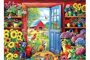 MINIWAN 500 Piece Garden Cats Jigsaw Puzzle for Adults | Farmhouse Floral Sunflower Puzzle with Letters on Back, Reference Po