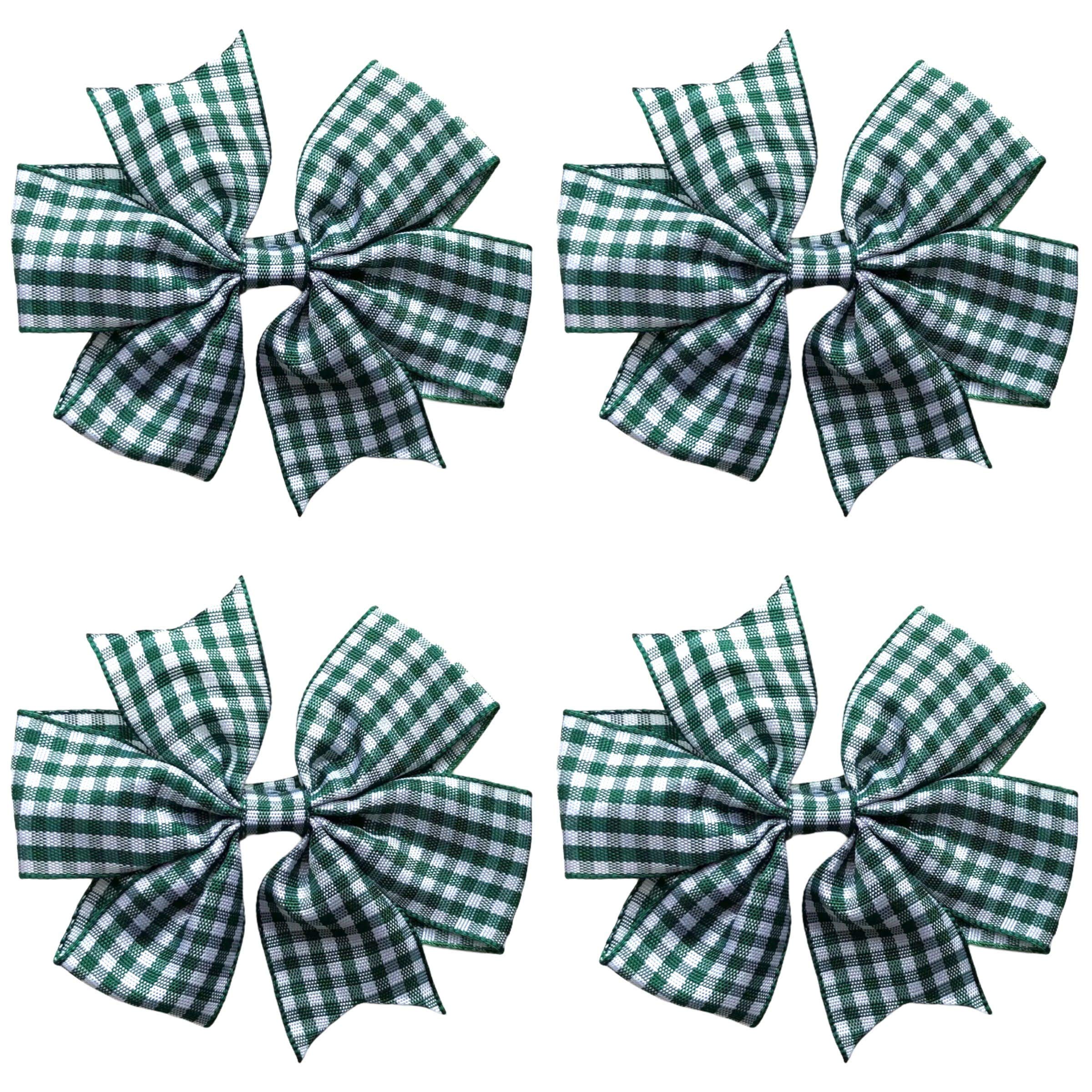 School Gingham Cross Hatch Hair Bows Clips Slides Grips 3" inch Solid Vibrant Colours Hairbows 4 Pack (Green) — image 1