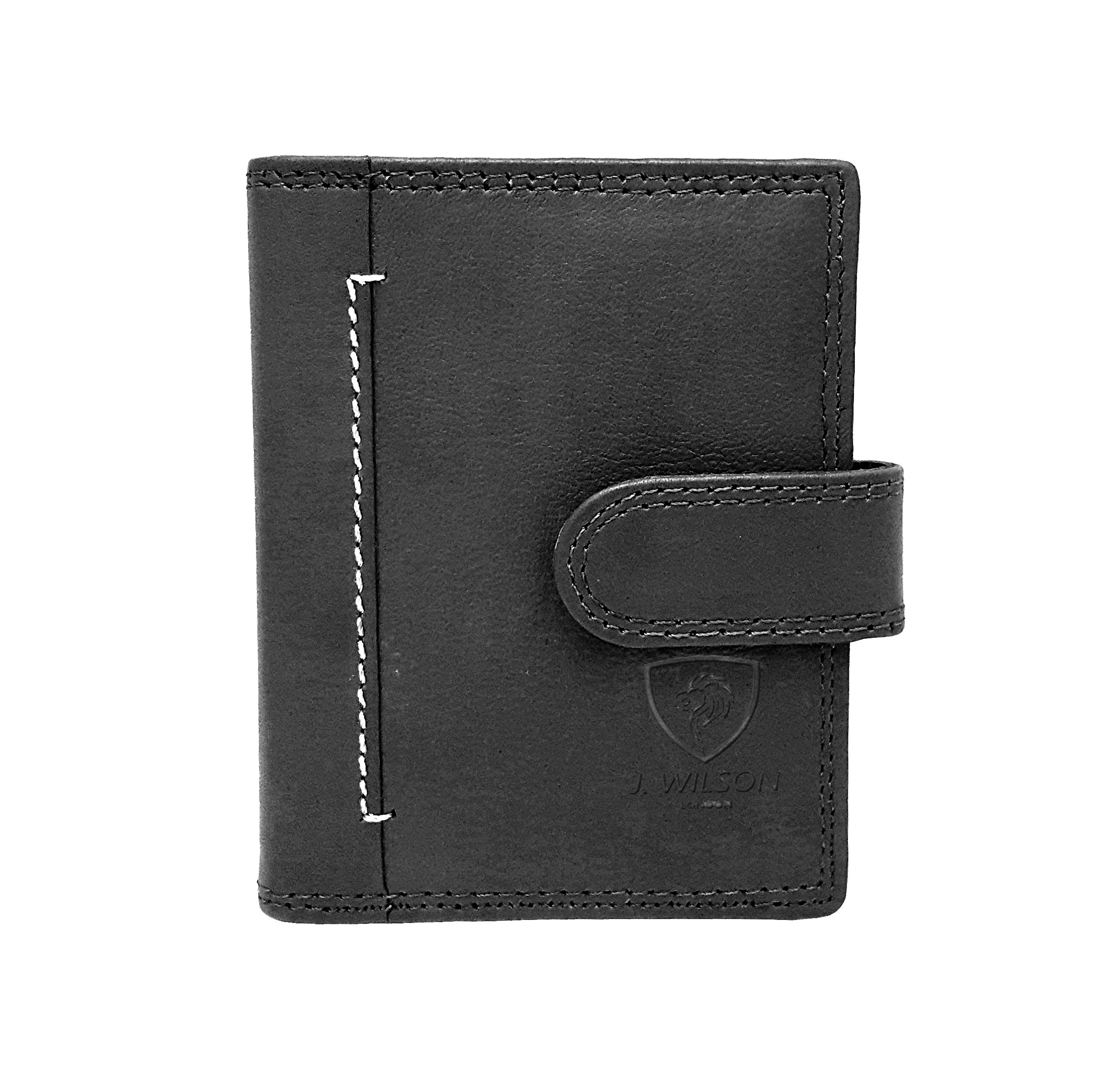 J. Wilson London Designer Soft Genuine Leather Credit Card Holder Wallet with Plastic Sleeves RFID Safe Contactless Blocking ID Protection 16 Clear Plastic Pockets - 4 Further Card (Black)