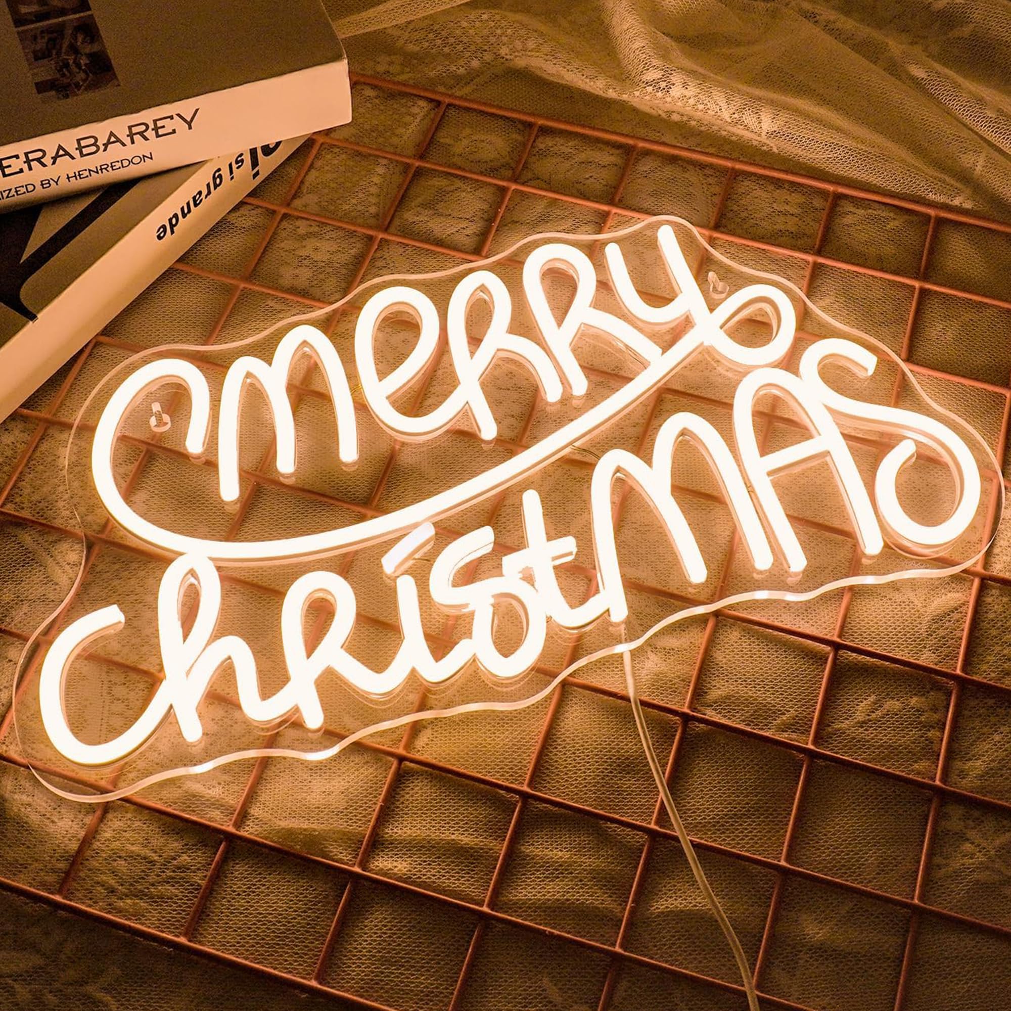 NOXET Merry Christmas Neon Sign Warm White Neon Light Wall Decor Dimmable USB Sign for Home Living Room New Year Christmas Party