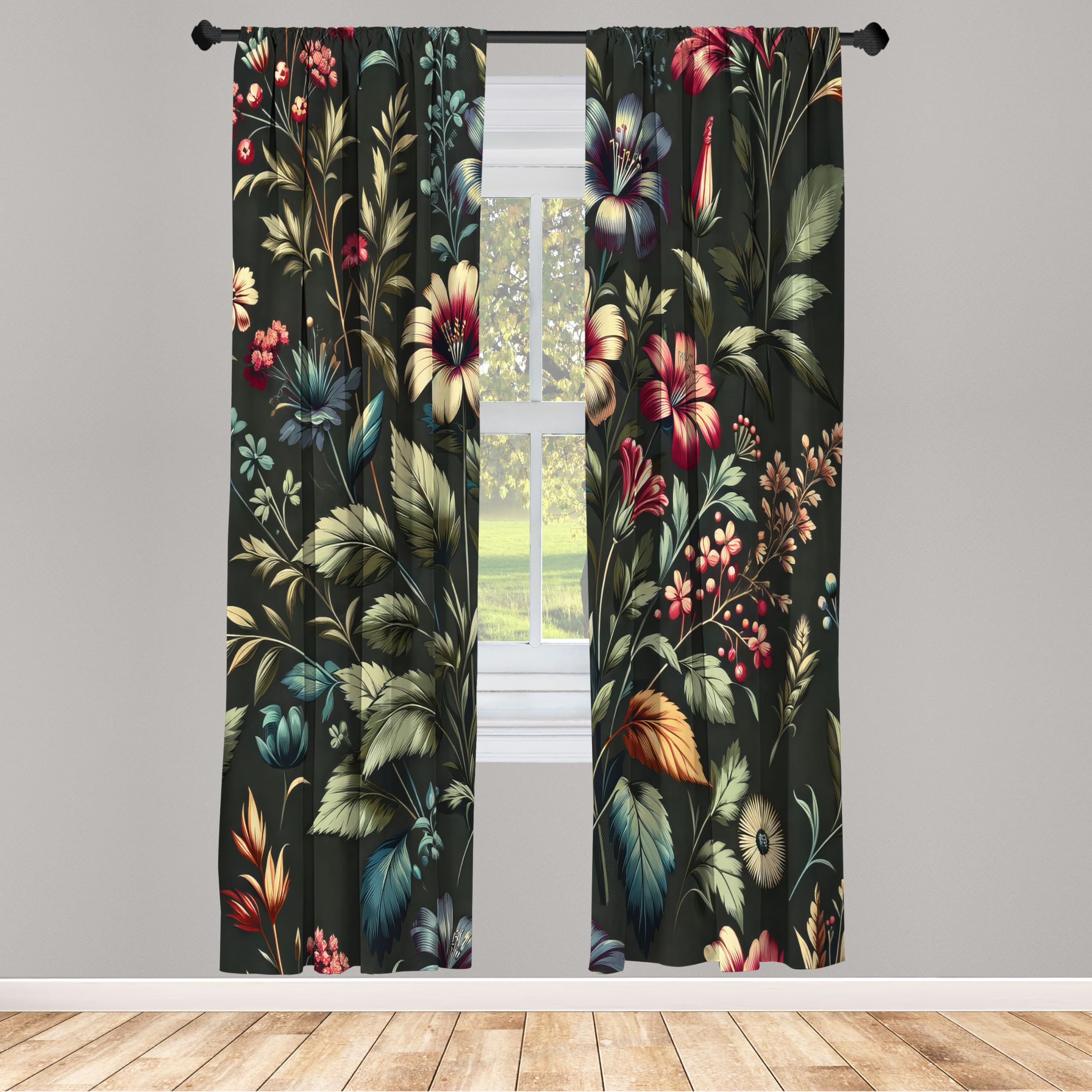 ABAKUHAUS Floral Window Curtains, Nostalgia Concept Leafy Jungle and Hibiscus Flowers with Modern Details, Lightweight Decorative 2-Panel Set & Rod Pocket, 150x175 cm, Laurel Green Dark Coral