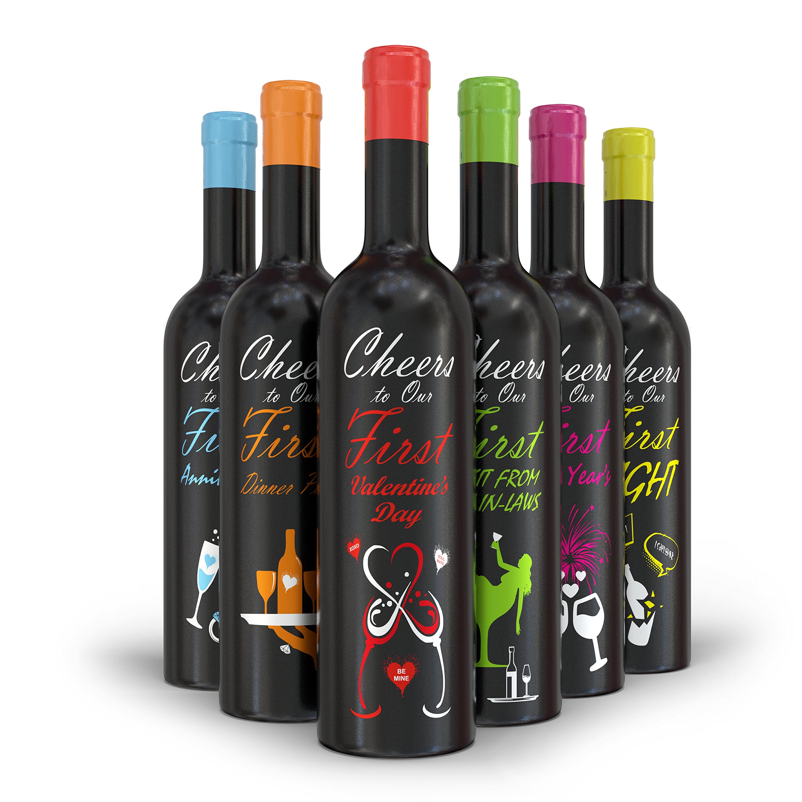 First Year of Marriage Milestones, Wine Bottle Covers for Wedding Gift (Pack of 6 Unique covers) ~ Wedding Firsts ~ Bridal & Engagement Party Gift ~ Personalize Individual Bottles of Wine ~ HouseVines