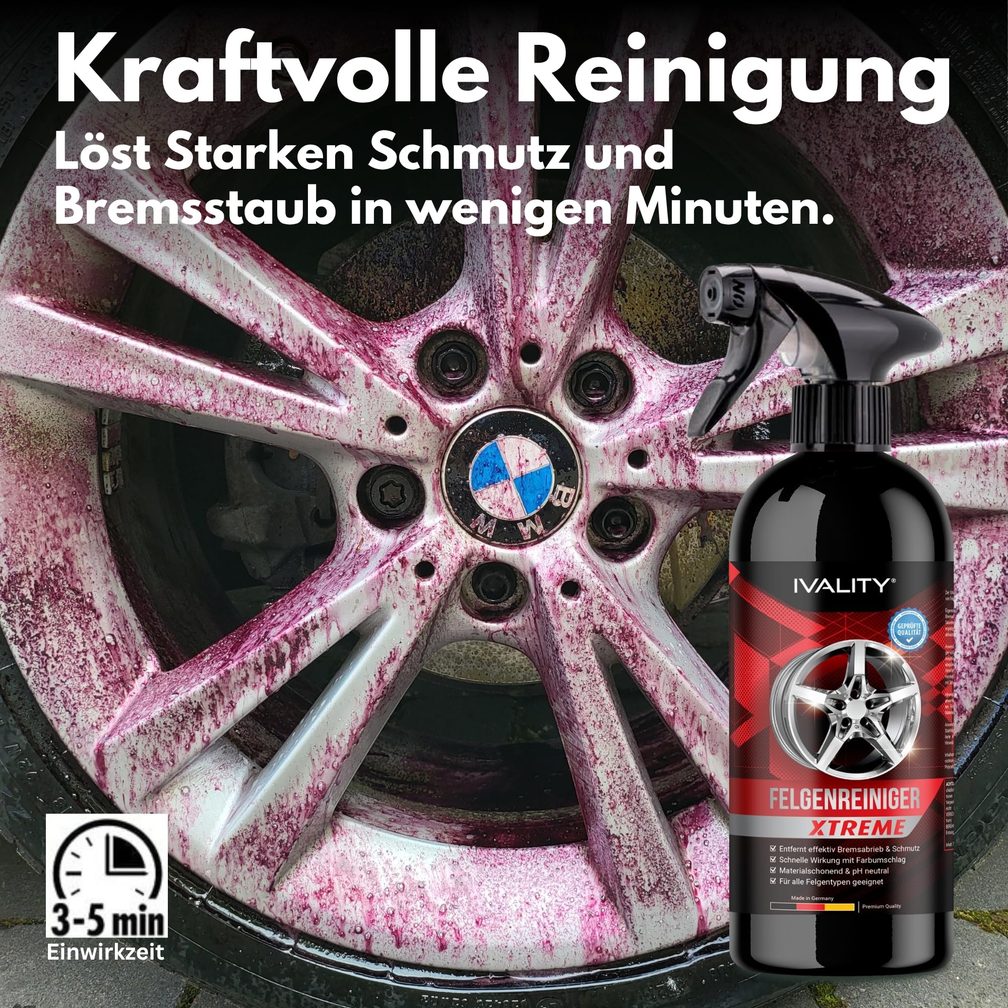 Ivality® Premium Felgenreiniger Set - Mit Wirkindikator & schonend - Felgen Reiniger Auto, Rim Cleaner, Alufelgen Reiniger, Wheel Cleaner, Alu Felgen Reinigung, Detailing Pinsel + 2 Mikrofasertücher 3